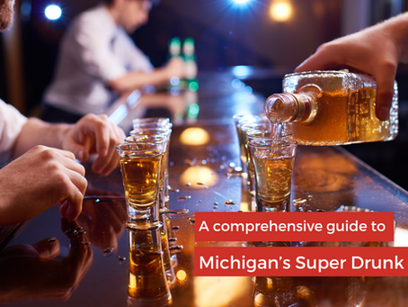 A man is getting over-served at a bar, putting him in peril of getting a DUI/OWI on his way home. Text stating 'A comprehensive guide to Michigan's Super Drunk Law' is overlaid on the picture.