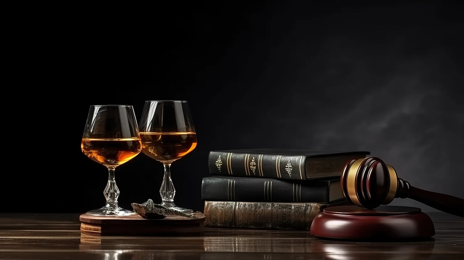 Legal books regarding Michigan's Implied Consent laws are resting on a lawyer's table next to two glasses of wine.