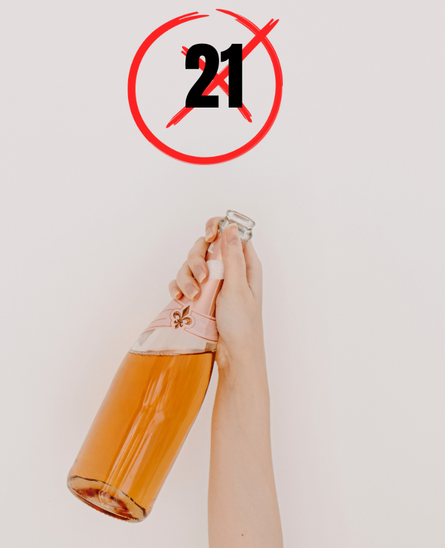 A minor is in possession of a beer bottle with the age '21' crossed out in an 'X' above. 