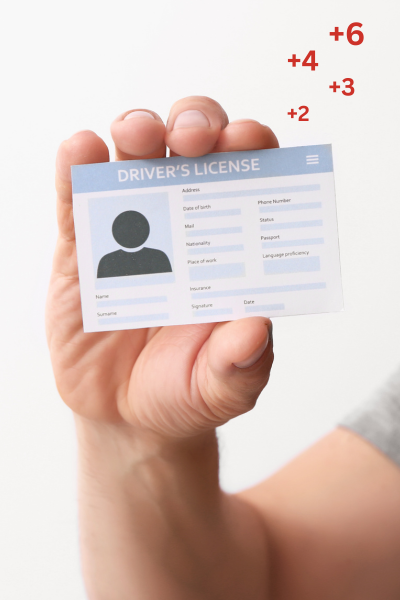 A man holds a driver's license while points are being added to it. 