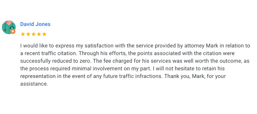 5 Star Google Review from a client on how attorney mark caldwell helped them successfully win their traffic offenses case.